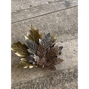 Vintage Brooch Pin Maple Leaf Gold Silver Cooper Tone Three Leaves